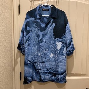 Wingo Dragon Graphic Print Men’s Size XL Shirt Blue Button Down Short Sleeves